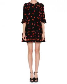 Alexander McQueen Jewel-Neck Petal-Print 3 4-Sleeve A-Line Dress at Neiman Marcus